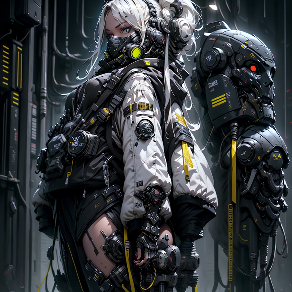 girl alone, White hair, long hair, straight hair, dark blue eyes, dressed, technical jacket, thighs shown, split, , big ass, thick muscular coxa, (((girl in a technological mask and technological accessories))), white high top sneakers, background with cool colors of neon and black, whole body,