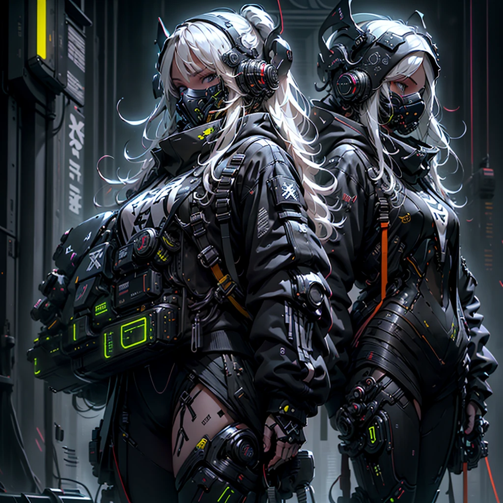 girl alone, White hair, long hair, straight hair, dark blue eyes, dressed, technical jacket, thighs shown, split, , big ass, thick muscular coxa, (((girl in a technological mask and technological accessories))), white high top sneakers, background with cool colors of neon and black, whole body,