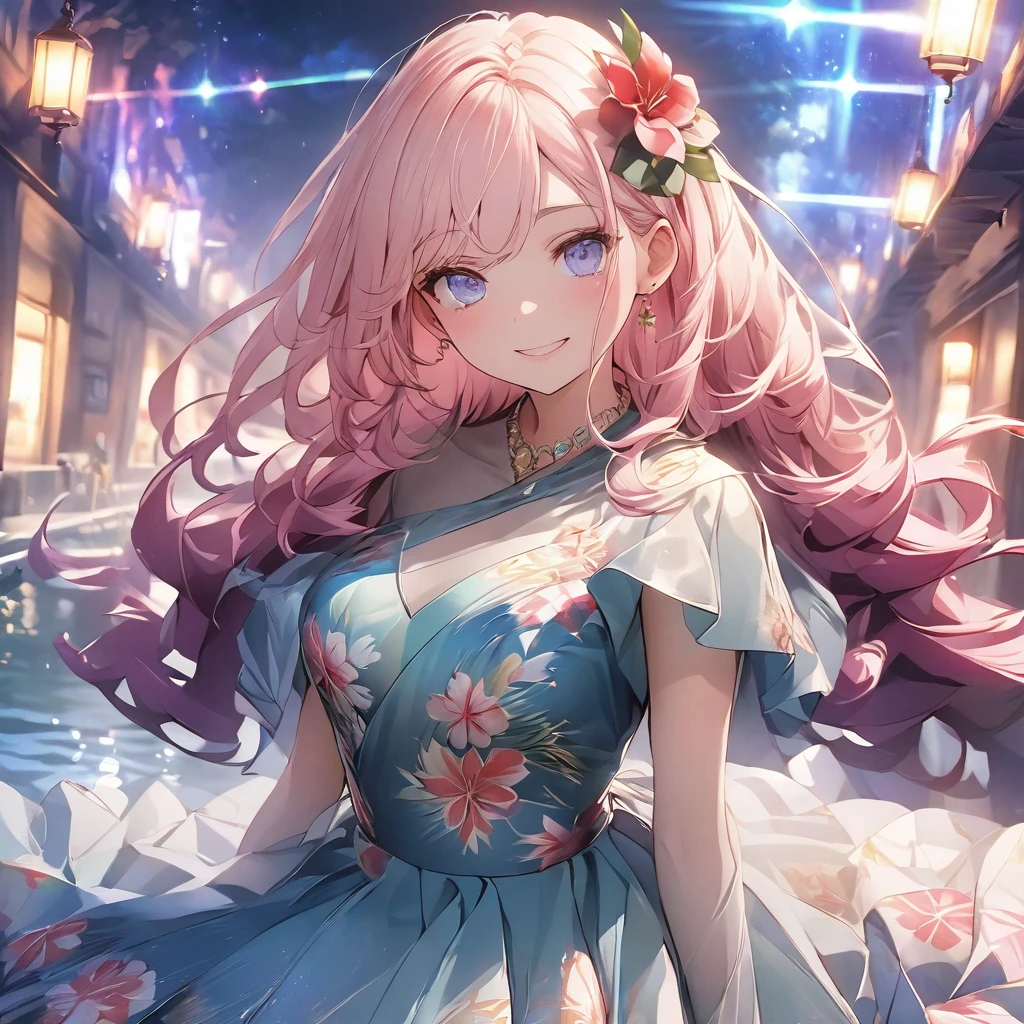 ``She has long pink hair and beautiful eyes.、Beautiful woman in an elegant and elaborate Hawaiian dress.For the dress、It needs intricate designs and patterns to give it a luxurious and classy look.。.background , The image is、The light reflected on the water surface、It should depict a romantic Hawaiian beach at night with an illuminated bridge beyond it.。, Enhance the sparkle effect and rainbow throughout the image. Enhance your looks、Add some special frills to your dress to make it stand out.”