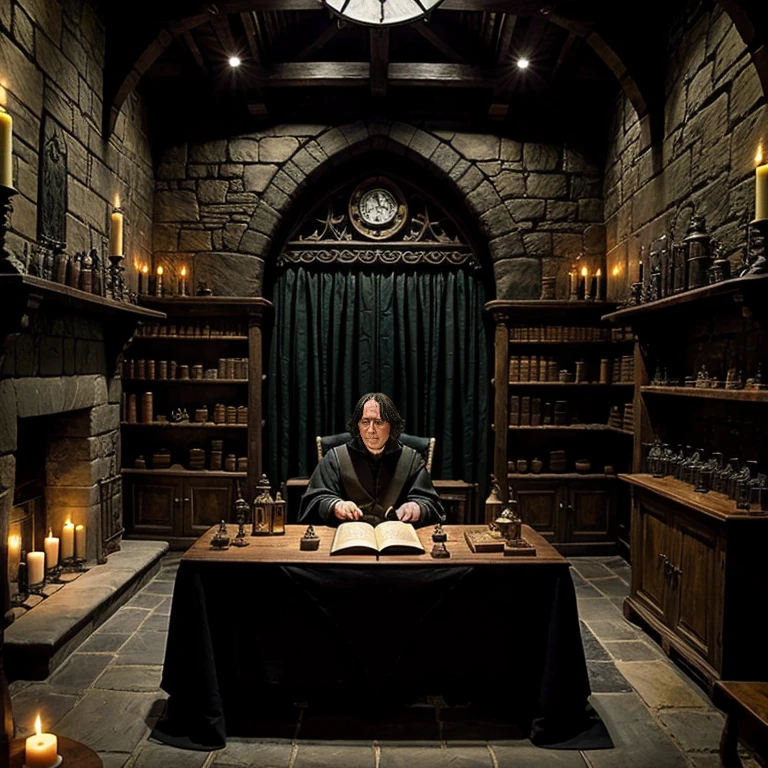 ((best qualityer)), (detailded), sala particular do Professor Snape em Hogwarts. The room should have a dark and mysterious atmosphere, with stone walls and low lights from floating candles. The environment should be full of shelves with potion bottles, rare ingredients and ancient books on dark arts and potions. Add a clutter-free dark wood desk with feathers, scrolls and more potion bottles. A steaming cauldron should be in the center of the room, exhaling a greenish haze. The setting must convey the essence of Professor Snape&#39;s reserved and enigmatic character.