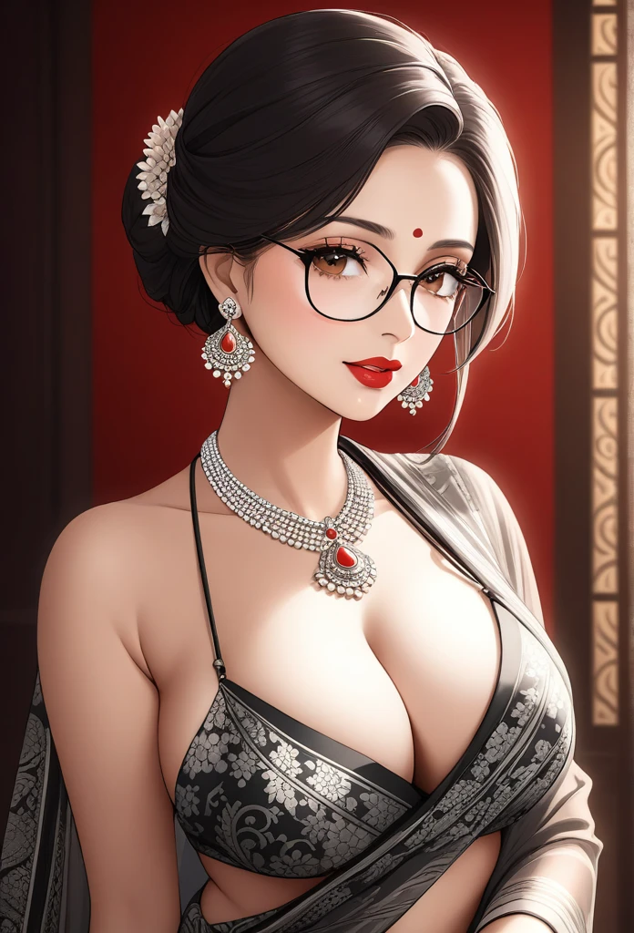 a mature lady with free hair, wearing aesthetic glasses, face makeup, red lipstick,black and white design printed saree, jhumka earrings, saggy breasts, intricate details, high quality, photorealistic, cinematic lighting, warm color tones, elegant portrait, cleavage,navel,mangal sutra necklace,