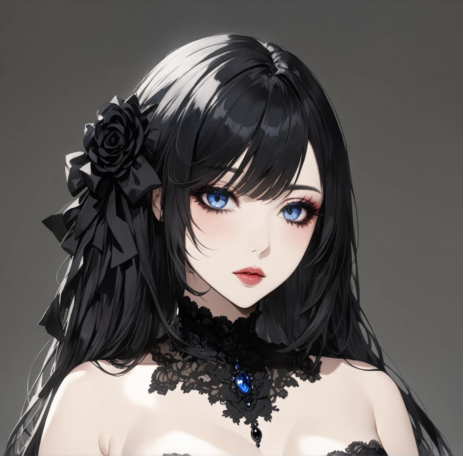 masterpiece, best quality, good quality, Highly detailed, shadowverse style, female, sexy, adult, black hair, lacy frilly armored, modern aesthetic, long straight hair, goth, make up, black eye shadow, lacy frilly armored legging with lacy stocking, blue eyes
