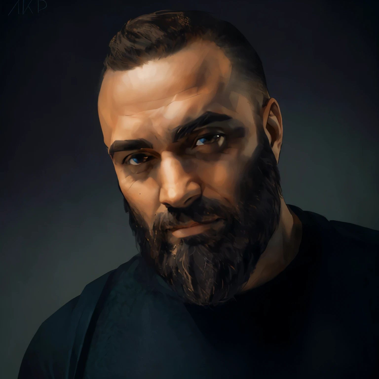 "A detailed illustration of a strong yet simple man with a triangular beard, wearing leather armor. He has light brown eyes and a warm, genuine smile, exuding a calm and friendly demeanor. His relaxed expression and round shoulders convey approachable strength and warmth, depicted in a realistic and inviting style --ar 1:1"



