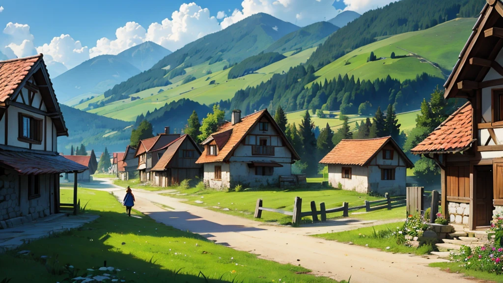 carpathian mountains, large fields, houses, people, medieval village