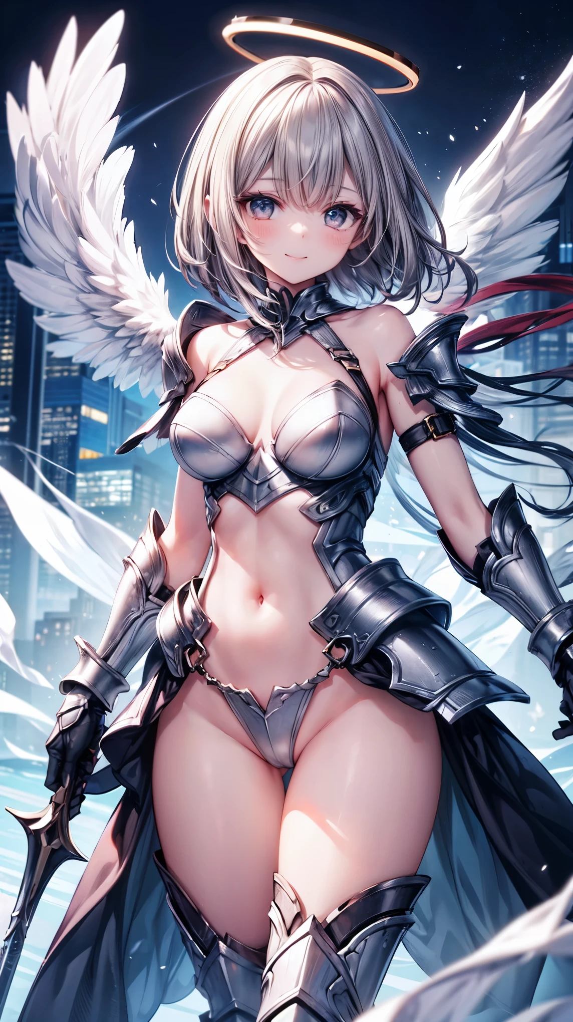 fantasy, 1angel_girl,(young_:1.5), ,brown_hair, medium_bob_hair, long_bangs, halo,bare_shoulder,thighhighs,silver_armor, waist_armor, large_breasts,1pair_wings, dynamic_pose_fighting,floating, bare_crotch, headgear,gauntlet, greaves,city_landscape_background,slightly_spread_legs, solo, groin_naked,smile,