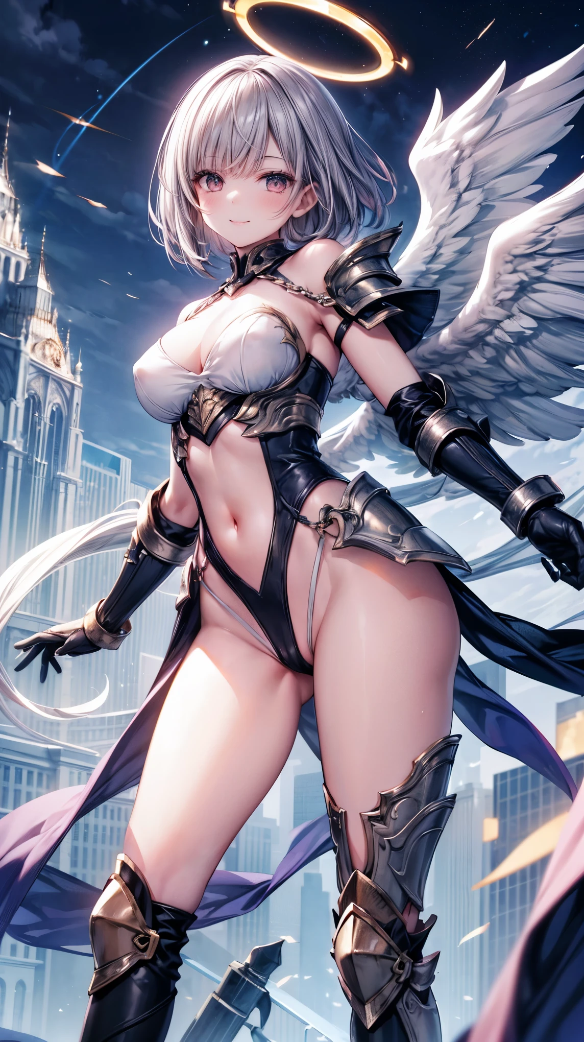 fantasy, 1angel_girl,(young_:1.5), ,brown_hair, medium_bob_hair, long_bangs, halo,bare_shoulder,thighhighs,silver_armor, waist_armor, large_breair_wings, dynamic_pose_fighting,floating, bare_crotch, headgear,gauntlet, greaves,city_landscape_background,slightly_spread_legs, solo, groin_naked,smile
