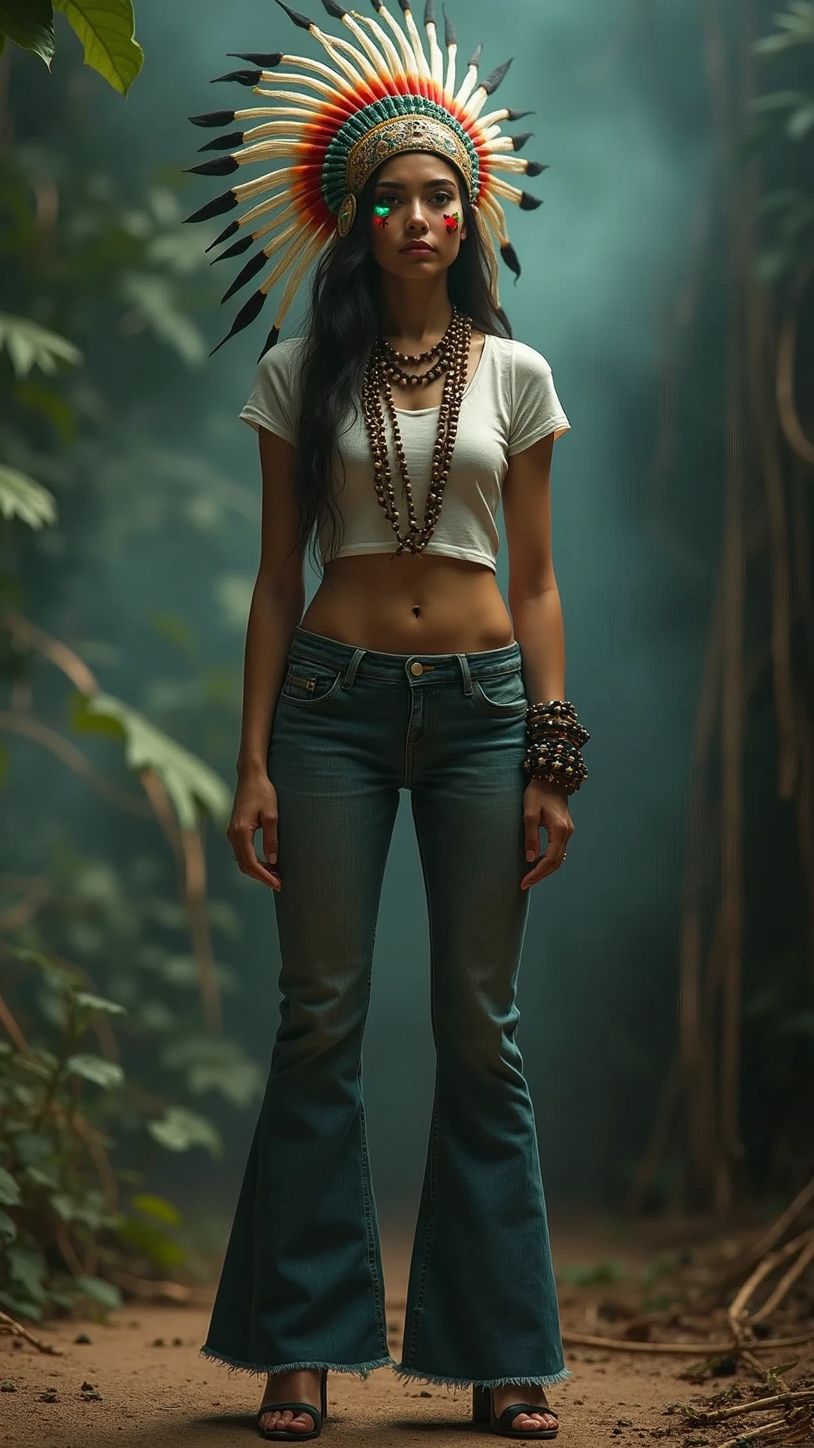 a woman in high heels and flared jeans and t-shirt, extremely detailed, victim of ritual, sexy posing, seductive posing for photoshoot, high heels, wearing a beautiful headdress and traditional indigenous makeup, red, green, blue, 1 girl, realistic, photorealistic, photo-realistic:1.37, best quality,4k,8k,highres,masterpiece:1.2,ultra-detailed,HDR,UHD,studio lighting,ultra-fine painting,sharp focus,physically-based rendering,extreme detail description,professional,vivid colors,bokeh