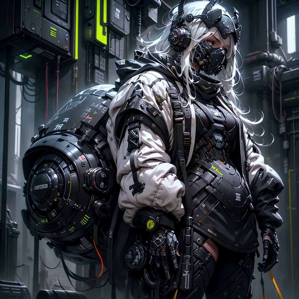 girl alone, White hair, long hair, straight hair, dark blue eyes, dressed, technical jacket, thighs shown, split, , big ass, thick muscular coxa, (((girl in a technological mask and technological accessories))), white high top sneakers, background with cool colors of neon and black, whole body,