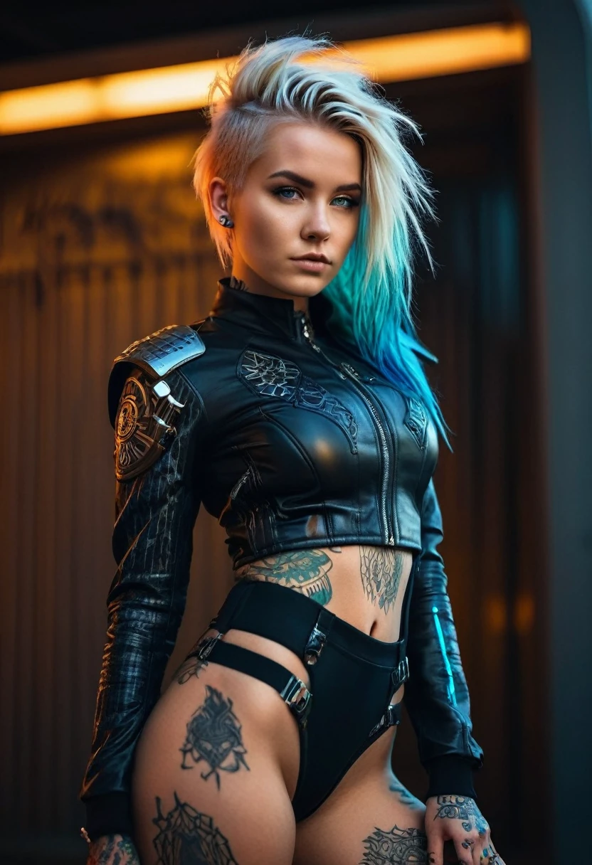 Beautiful photograph, low angle shot, intricate details, full body shot of a Icelandic girl. light hair color tones with cyberpunk hairstyle features clad in a scantly clad cyber outfit, real spell tattoos, facing the camera, dark angelic, in the style of high fashion, absolutely lavish surfaces, vivid colors, a mesmerizing blend of light and shadow, unique natural textures,