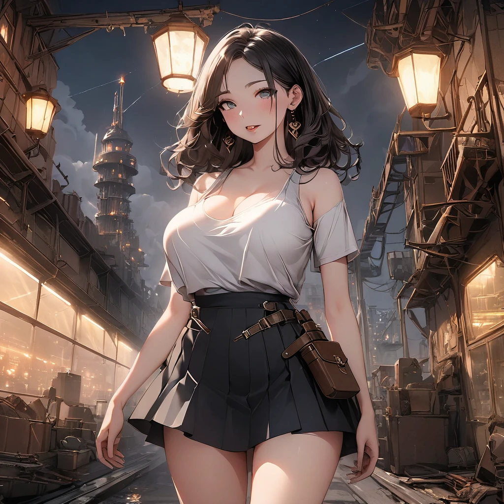 Industrial city, Walling, steampunk, Rusty and heavy, cigarette, cigarette突, factory, gear, mechanical, tall building, tower, The power of steam, Steam pipe, Street lamp, (Cinema Lighting:0.8, Super Detail, bloom)Short skirt, holster, Absurd, RAW Photos, Very delicate and beautiful, masterpiece, Highest quality, Ultra-high resolution, 32K, Surreal, Very detailed, Detailed Description, Pale skin, 20-year-old, Natural Lip, Big Breasts, Earrings, Short Medium Hair, Wavy Hair, Full Body Shot,