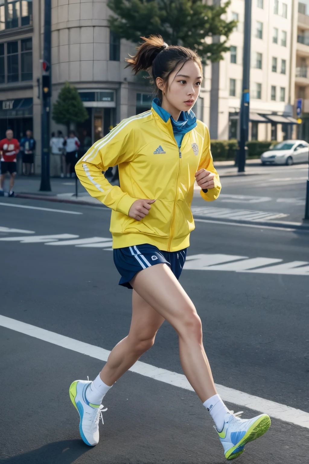 Olympic champion athlete wearing a medal and running a marathon on the street wearing TENNIS SHOES. Focus on the TENNIS SHOES. I want the shoes to be white, yellow and blue.
I want the image to be as natural as possible, I don't want it to be artificial.

Write on the photo: RUN LIKE THE WINNERS