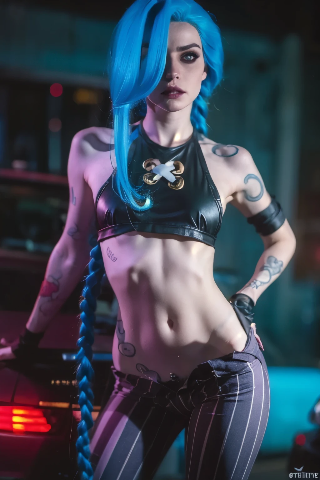 Hyper realistic super detailed Jinx cosplay , Young girl, , Very detailed, (hyper realistic: 1.4), in dynamic pose, angry face, twin braids, long hair, blue hair, (red eyes) , tattooed arm , (((angry face))), arcane style. ((Grunge Neon grafitti background, (((skinny body))) , cinematic lighting)).