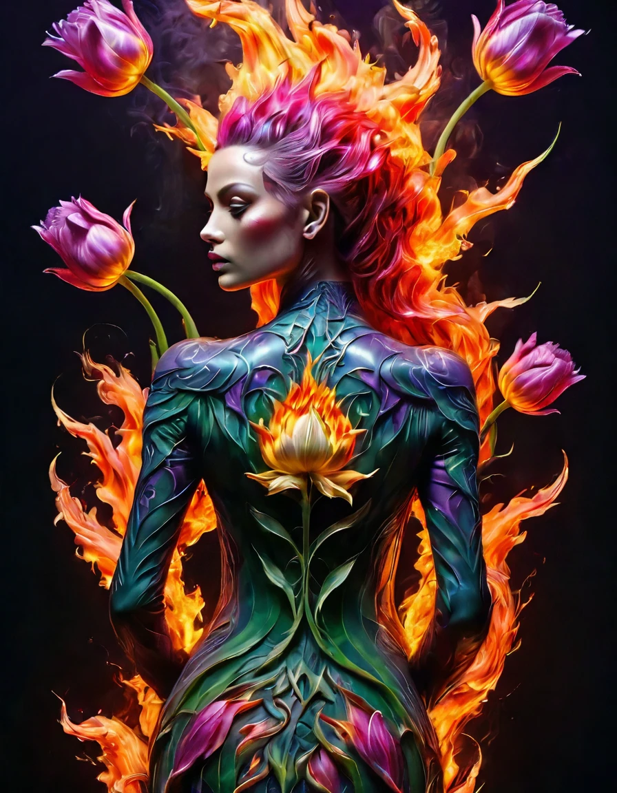 Arafed, Dark fantasy art, fantasy art, goth art, a picture of a tattoo of a tulip on the back of a female elf, a glowing tattoo of a ((tulip: 1.3)) on the elf's back, the ((tulip tattoo: 1.3)) is vivid, intricate detailed,  GlowingRunesAI_purple, ((fire surrounds the tulip: 1.5)), shot taken from the back, ((the back is visible: 1.3), she wears a transparent red dress, the dress is elegant, flowing, elven style, that the tattoos glow, dynamic hair color, dynamic hair style,  vibrant, Ultra-high resolution, High Contrast, (masterpiece:1.5),  highest quality, Best aesthetics, best details, best quality, highres, 16k, (ultra detailed: 1.5), masterpiece, best quality, (extremely detailed) RAW, (ultra details, Masterpiece, best quality) faize, Digital Painting, *channel_42*