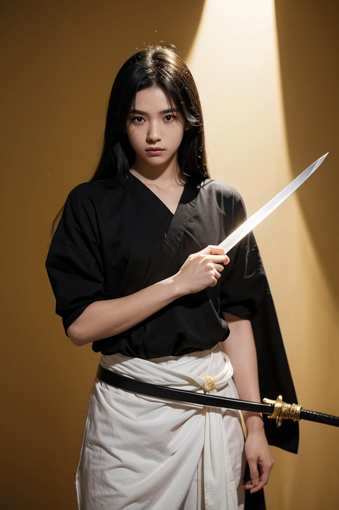 A young swordsman, with black eyes and hair holding a sword emitting a black and white light in one hand and a sheet of golden paper in the other hand,