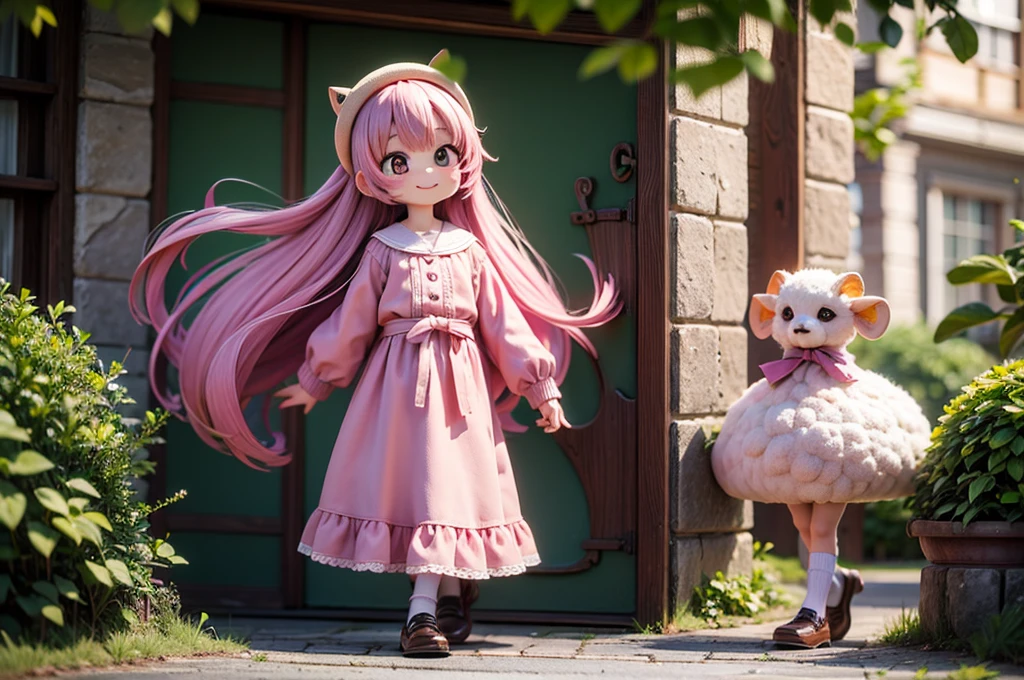 masterpiece, Highest quality, 8k, high details, Vivid, young woman, smile, cute, Directed at an angle, Open your mouth, Mokomo Konoko hair, Long Hair, Hair like sheep's hair, Pink Hair, eyebrow, 太いeyebrow, Pink dress, Long skirt, Light blue cardigan, Brown shoes, Sheep, trip, 大きなtrip鞄を持っている