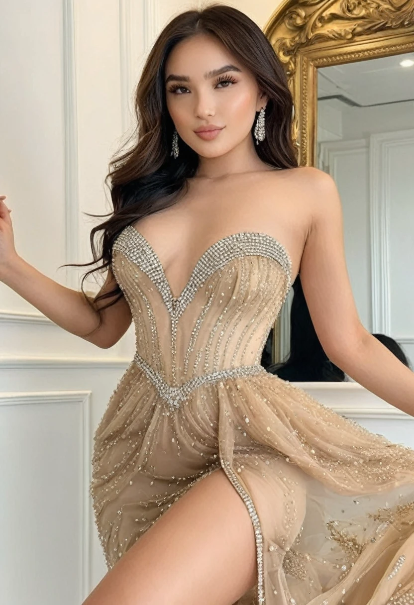 ((Best resolution:1.4)), ((high quality:1.2)), Work of art, 8k, extremely detailed, ((High detail:1.2)), Solo, HotLexi young female, (dress), ((medium photo body)),