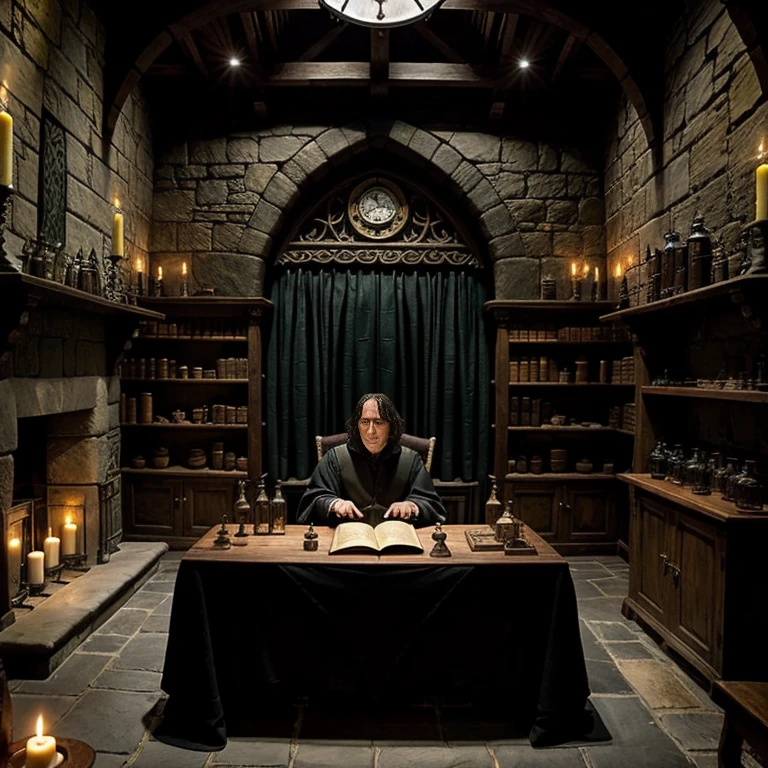 ((best qualityer)), (detailded), sala particular do Professor Snape em Hogwarts. The room should have a dark and mysterious atmosphere, with stone walls and low lights from floating candles. The environment should be full of shelves with potion bottles, rare ingredients and ancient books on dark arts and potions. Add a clutter-free dark wood desk with feathers, scrolls and more potion bottles. A steaming cauldron should be in the center of the room, exhaling a greenish haze. The setting must convey the essence of Professor Snape&#39;s reserved and enigmatic character.