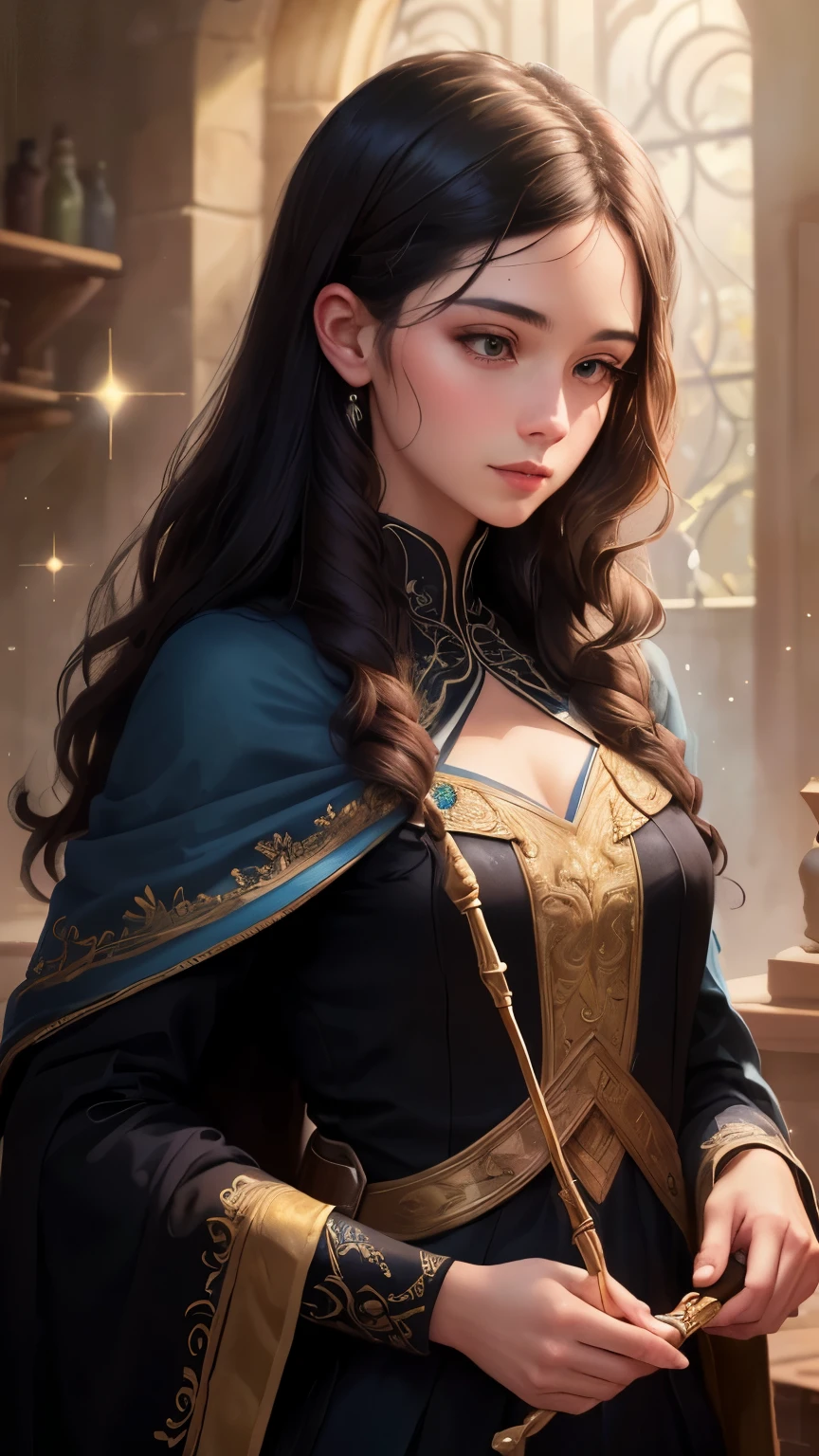 ((best quality)), ((masterpiece)), (detailed), A digital illustration of a long black haired young women creating magical clothes with a wand and sparkles