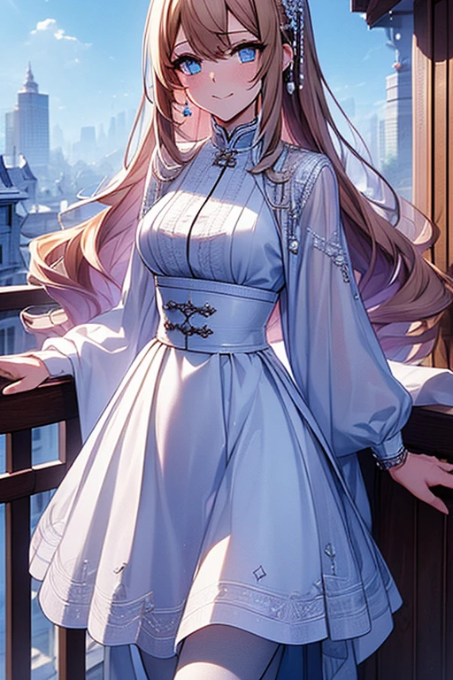 Ridiculous resolution, high resolution, (masterpiece:1.4), Extremely detailed, 1 Girl,blue eyes, Long blond hair，White skirt, White handbags、Pantyhose、City Streets,Sexy pose, The camera is close to your body