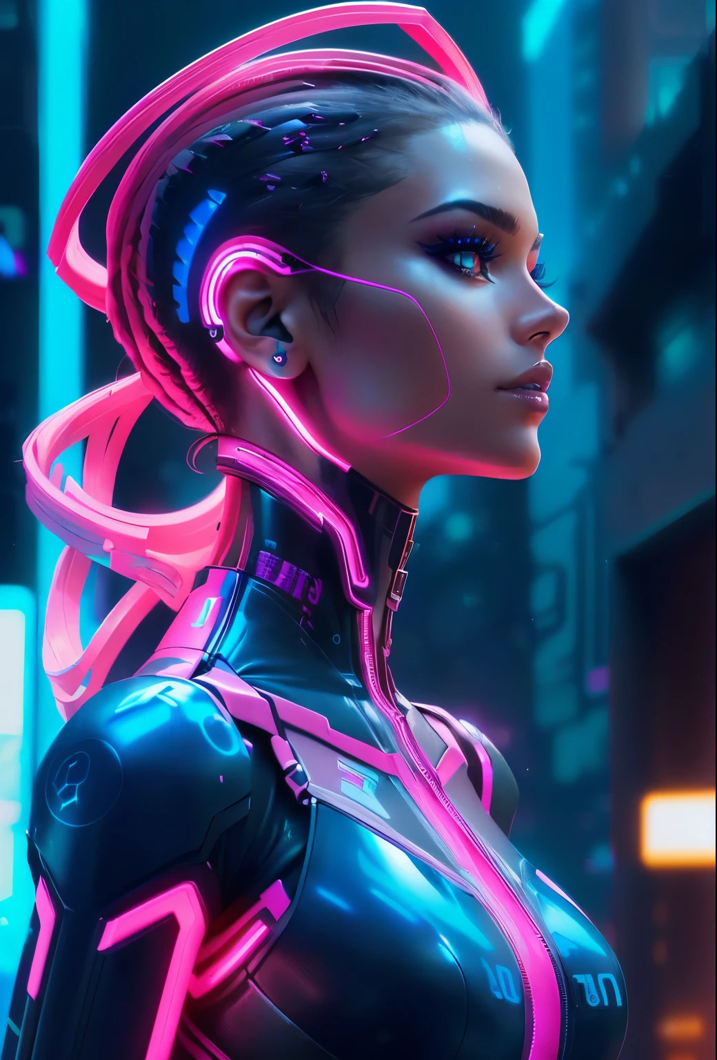 a closeup of a woman in a futuristic suit with neon lights, cyberpunk dreamy girl, beautiful cyborg girl, cyberpunk 2 0 years. o model girl, chica cyborg, cyberpunk beautiful girl, Neon scales and Cyborg Tech, Bright cyberpunk glow, beautiful chica cyborg, Cyborg - Chica, Neon cybernetic implants, Cyberpunk vibes, beautiful cyberpunk woman model