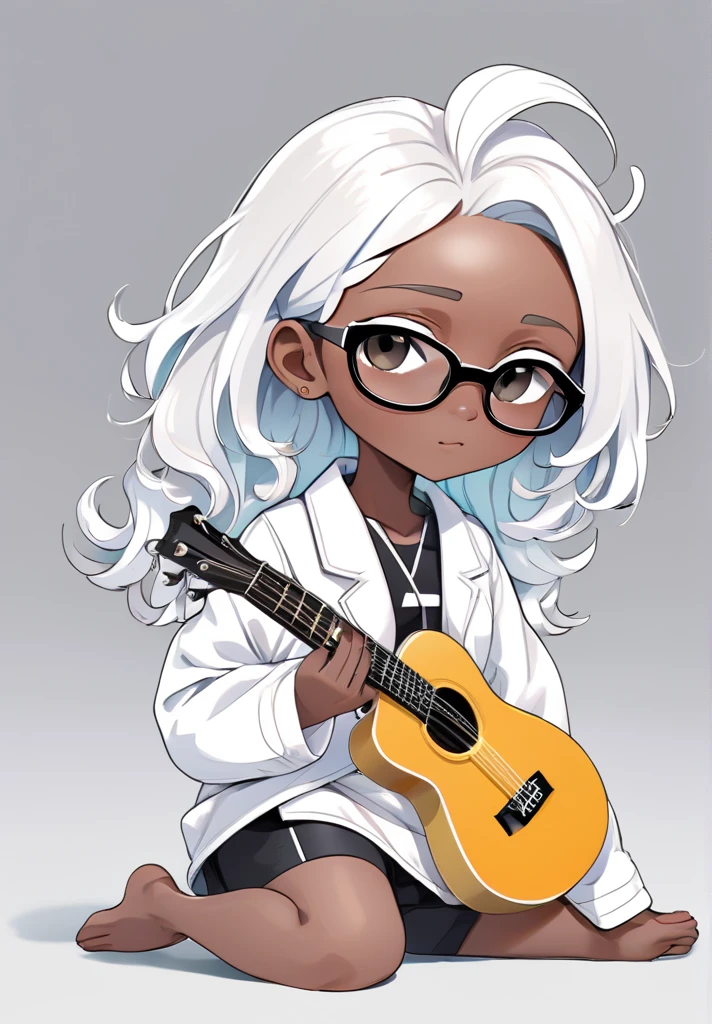 high resolution,best quality,naturals,
Illustrator without black lines, black contour lines, or black line drawings, flat illustration e monocromática, coloring similar to foreign animation, Chibi character, アニメ, fluffly, full body illustration, Deformed illustration, Kizi, wear glasses, sitting holding a guitar with white and black as precious colors, flat illustration, Simpler, minimalism, White background,, afro hair, darkskin,, without bangs, skin black.