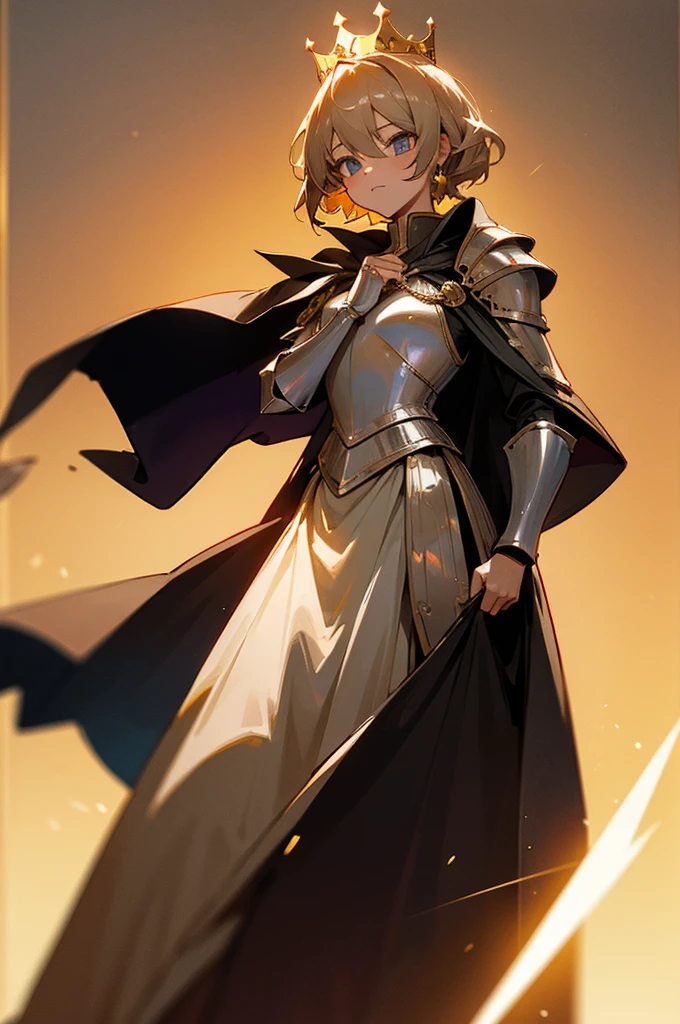 a girl, wearing knight armor, wearing a crown with a gem on the crown, wearing a long cape