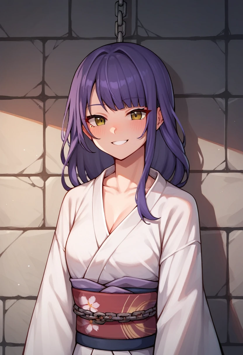 score_9, score_8_up, score_7_up, score_6_up, score_5_up, score_4_up, source_anime, 1girl,lora:raidenshogun1-000009:1>, raidenshogundef, upper body, smile, worth, full body, wall, purple hair, long hair, brown eyes, w-w-chain, shackles, Put her hands down, messy hair, kimono, dungeon, best quality, best res, 4K UHD,
