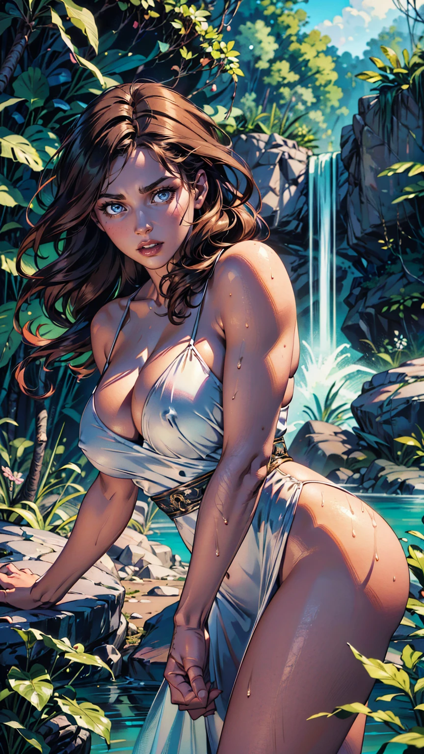 1 beautiful woman with long dark brown hair,perfect body,huge breasts,extremely sexy and attractive poses,in huge tropical jungle with waterfalls,wearing a white wet dress,(best quality,4k,8k,highres,masterpiece:1.2),ultra-detailed,(realistic,photorealistic,photo-realistic:1.37),photorealistic,highly detailed,cinematic lighting,dramatic lighting,warm color palette,volumetric lighting,lush tropical foliage,fantasy landscape