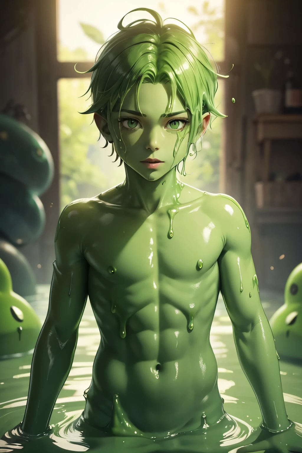 1boy, male, slime, cute face, green skin, green eyes, slime hair, slime body, thin body, sexy