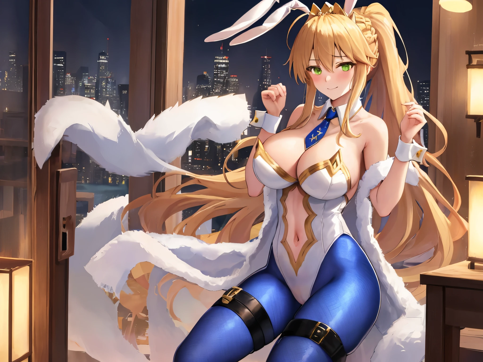 masterpiece, best quality, absurdres, soft lighting, looking at viewer, solo, light_smile, shy,
1girl, ahoge, rabbit ears, playboy bunny, artoria pendragon \(swimsuit ruler\) \(fate\), large breasts , blonde hair, green eyes, french braid, pony tail
bare shoulders, large breasts , cleavage,
clothing cut out, wrist cuffs, detached collar, navel cutout, feather boa,
white leotard, blue necktie, blue pantyhose, single thigh strap, hands_on_head,put_hands_up,
squat,gorgeous_fountain_landscape_background,solo,rabbit_posing,large_thighs,Extend_fingers,palm,open_legs,.solo