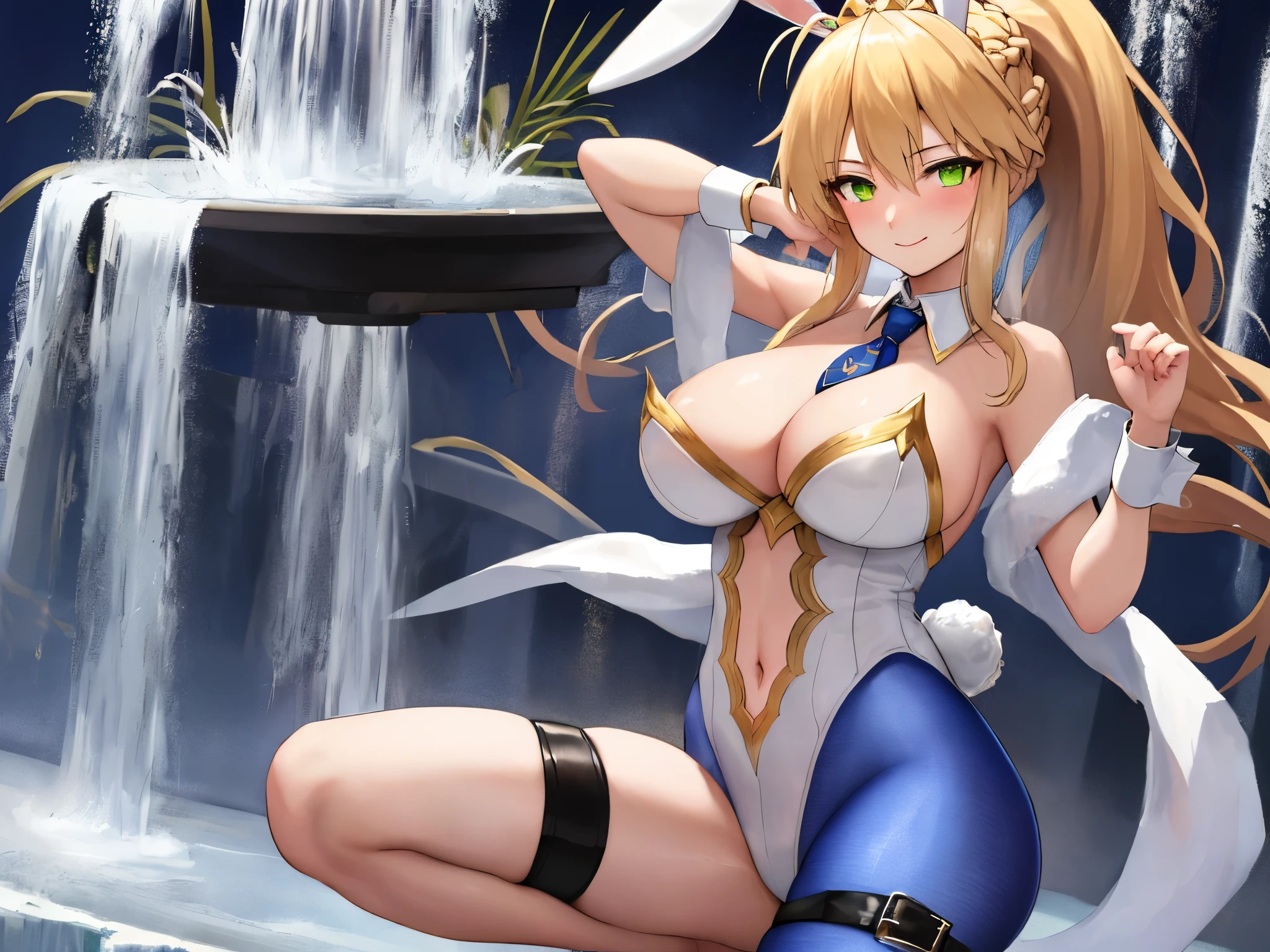 masterpiece, best quality, absurdres, soft lighting, looking at viewer, solo, light_smile, shy,
1girl, ahoge, rabbit ears, playboy bunny, artoria pendragon \(swimsuit ruler\) \(fate\), large breasts , blonde hair, green eyes, french braid,  pony tail
bare shoulders, large breasts , cleavage,
clothing cut out, wrist cuffs, detached collar, navel cutout, feather boa,
white leotard, blue necktie, blue pantyhose, single thigh strap, hands_on_head,put_hands_up,
squat,gorgeous_fountain_landscape_background,solo,rabbit_posing,large_thighs,Extend_fingers,palm,open_legs,.solo