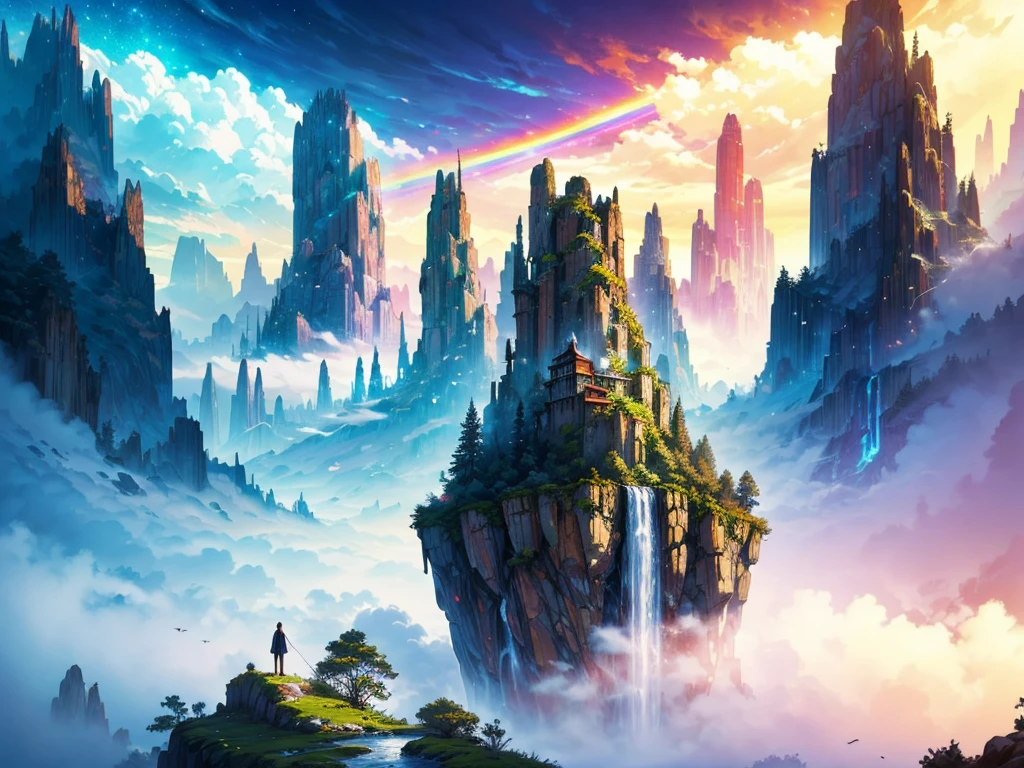 Masterpiece, RAW photo, (ultra high quality, 8k, intricate details), professional photo, nature scene, dramatic landscape, surreal environment, floating islands with cascading waterfalls, dense forests, enchanted ambiance, vibrant colors, golden sunlight, ethereal mist, magical aura, double rainbow in the sky, fantasy elements, serene and majestic, towering mountains in the background, clear blue skies with fluffy clouds, (dynamic lighting, detailed textures, hyper realistic, artistic photography, graphic CG digital art, shading effects, gradation magic effects, glitter effects, sunlight effects, foggy filter effect, cartoon-style)