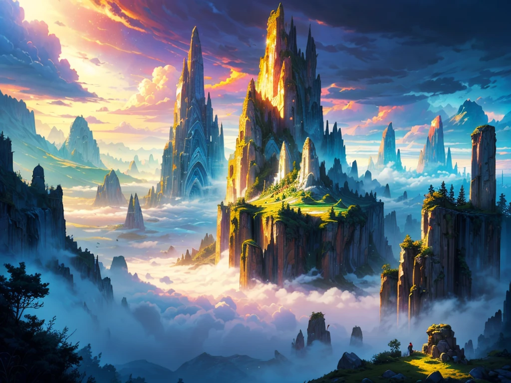 Masterpiece, RAW photo, (ultra high quality, 8k, intricate details), professional photo, nature scene, dramatic landscape, surreal environment, floating islands with cascading waterfalls, dense forests, enchanted ambiance, vibrant colors, golden sunlight, ethereal mist, magical aura, double rainbow in the sky, fantasy elements, serene and majestic, towering mountains in the background, clear blue skies with fluffy clouds, (dynamic lighting, detailed textures, hyper realistic, artistic photography, graphic CG digital art, shading effects, gradation magic effects, glitter effects, sunlight effects, foggy filter effect, cartoon-style)