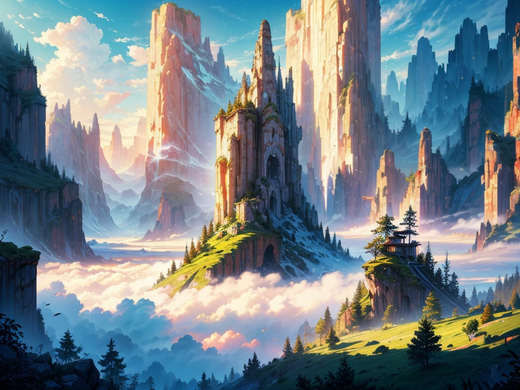 Masterpiece, RAW photo, (ultra high quality, 8k, intricate details), professional photo, nature scene, dramatic landscape, surreal environment, floating islands with cascading waterfalls, dense forests, enchanted ambiance, vibrant colors, golden sunlight, ethereal mist, magical aura, double rainbow in the sky, fantasy elements, serene and majestic, towering mountains in the background, clear blue skies with fluffy clouds, (dynamic lighting, detailed textures, hyper realistic, artistic photography, graphic CG digital art, shading effects, gradation magic effects, glitter effects, sunlight effects, foggy filter effect, cartoon-style)