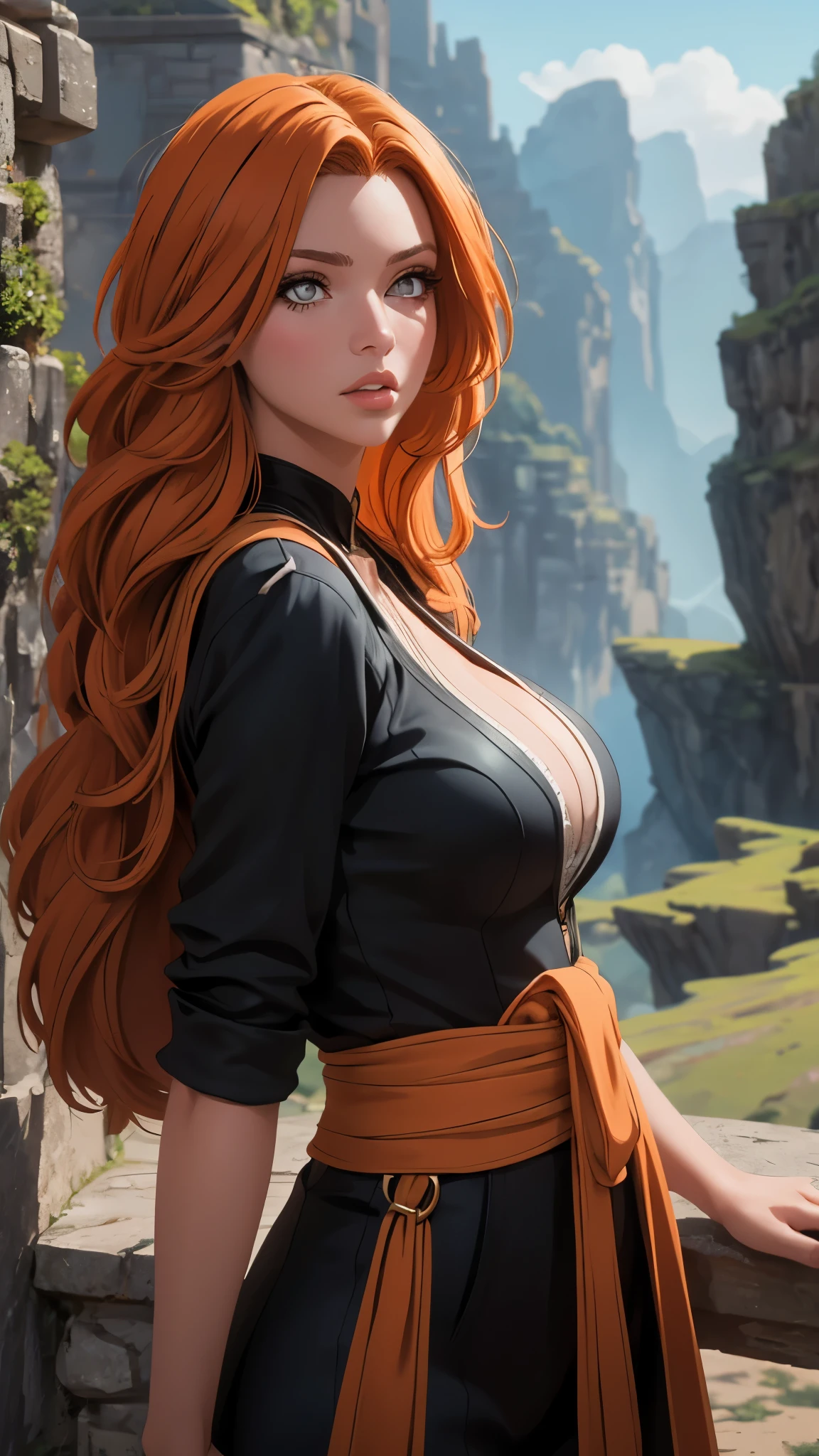 a beautiful woman with long orange hair, large breasts, highly detailed facial features, detailed eyes, detailed lips, long eyelashes, wearing a revealing outfit, in a fantasy landscape, masterpiece, photorealistic, 8k, hyperdetailed