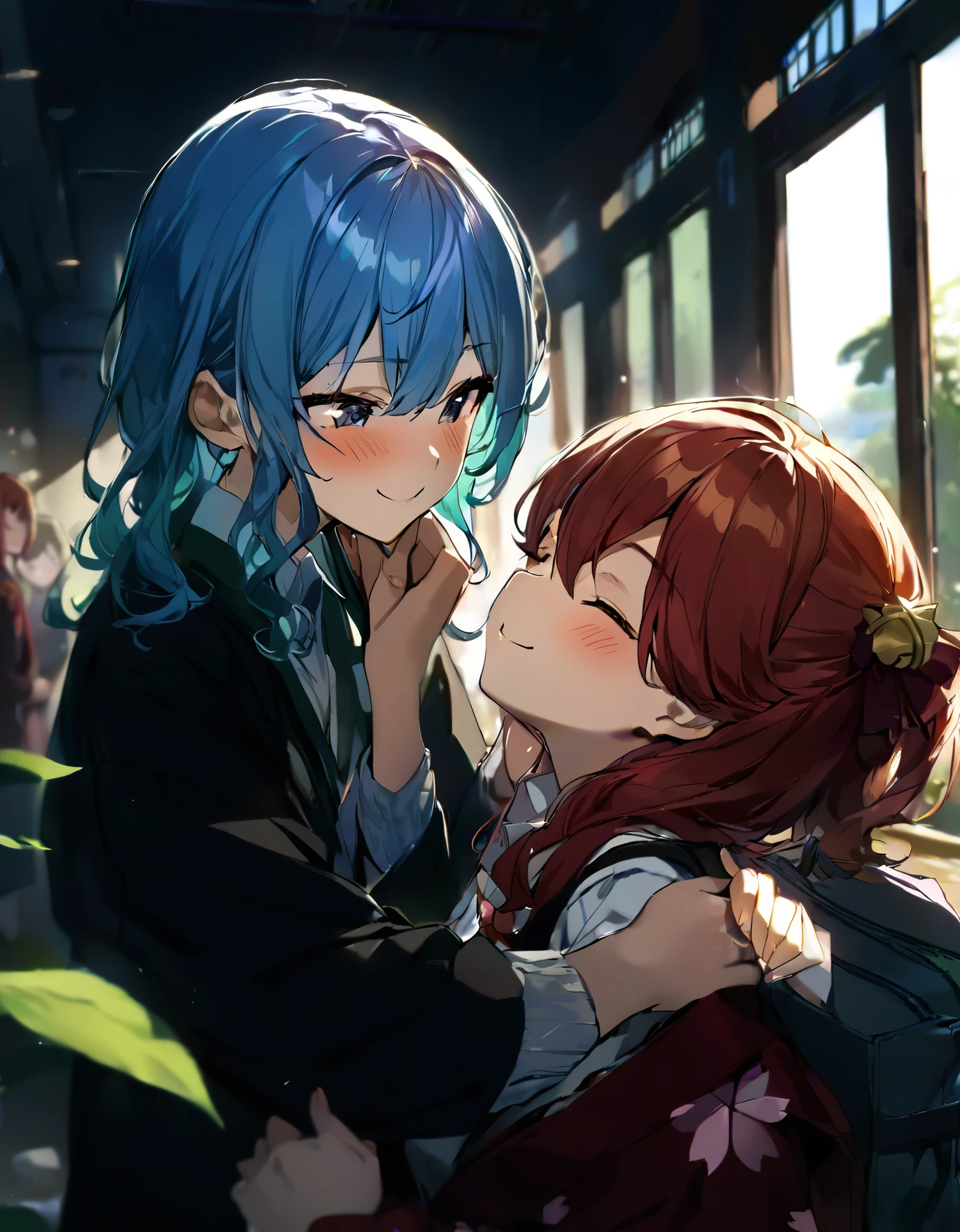 (((2girls))), together, two people, masterpiece, best quality, integrated scenery, integrated background, extremely delicate and beautiful, meticulous details, good composition, closed_eyes, cute face, perfect face, perfect hands, fingernails, sakura miko, SakuraMiko, HoshimachiSuisei, hoshimachi suisei, blurry background, sunlight, light blush, ((school)), upper body, looking each other, smile, , (hugging each other),in_school,sunlight,kissing,happiness,