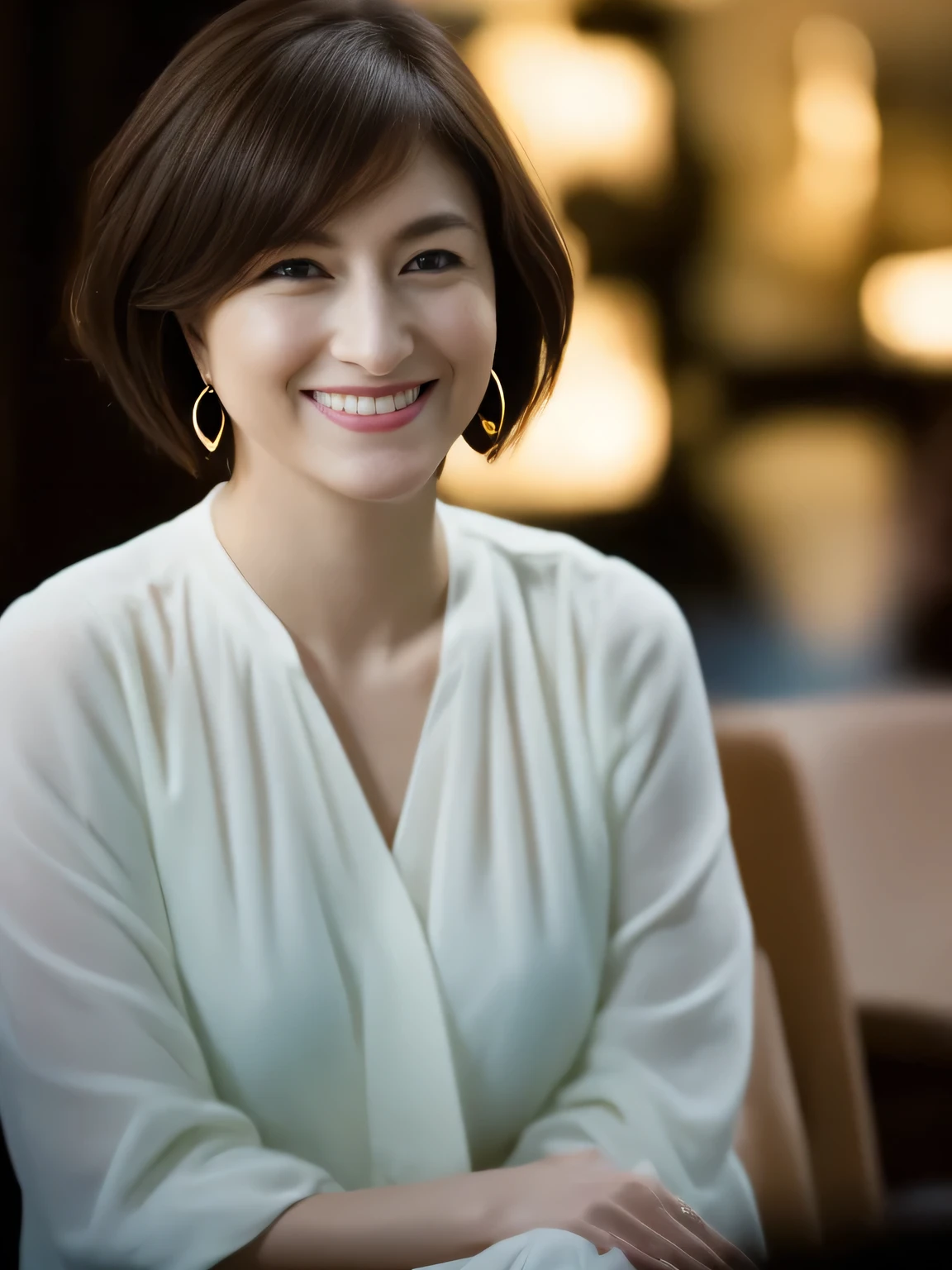 Watching the audience、light brown hair, short hair, sanpaku, heart earrings, evil smile, depth of field, cinematic lighting, uhd, masterpiece, anatomically correct, super detail, best quality, 16K、