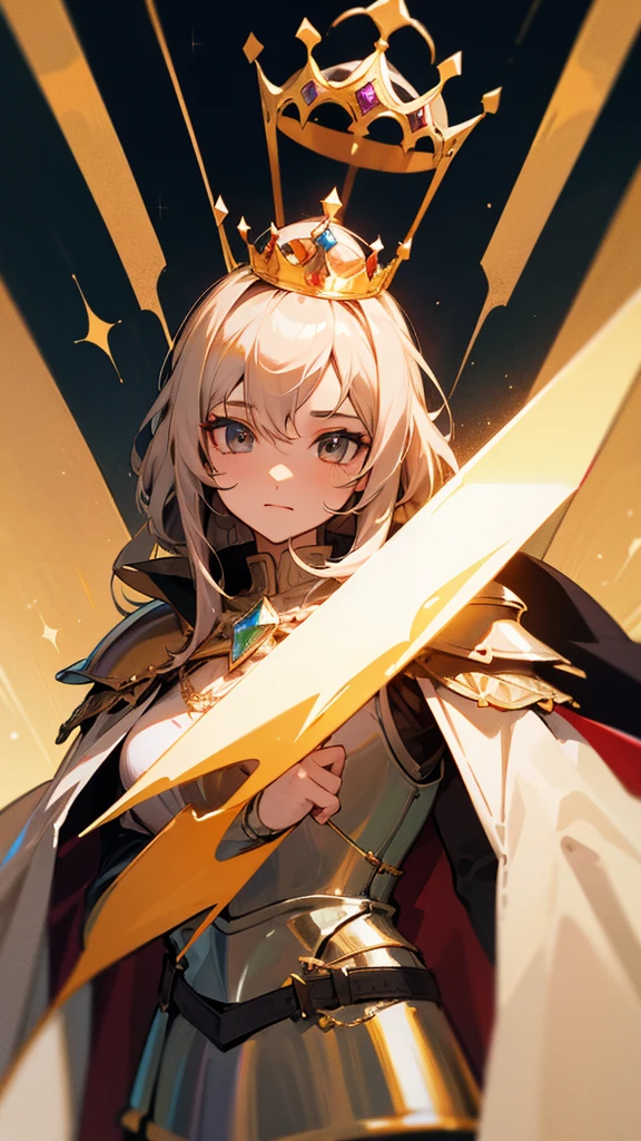 a girl, wearing knight armor, wearing a crown with a gem on the crown, wearing a long cape