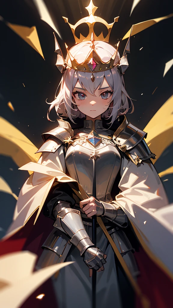a girl, wearing knight armor, wearing a crown with a gem on the crown, wearing a long cape