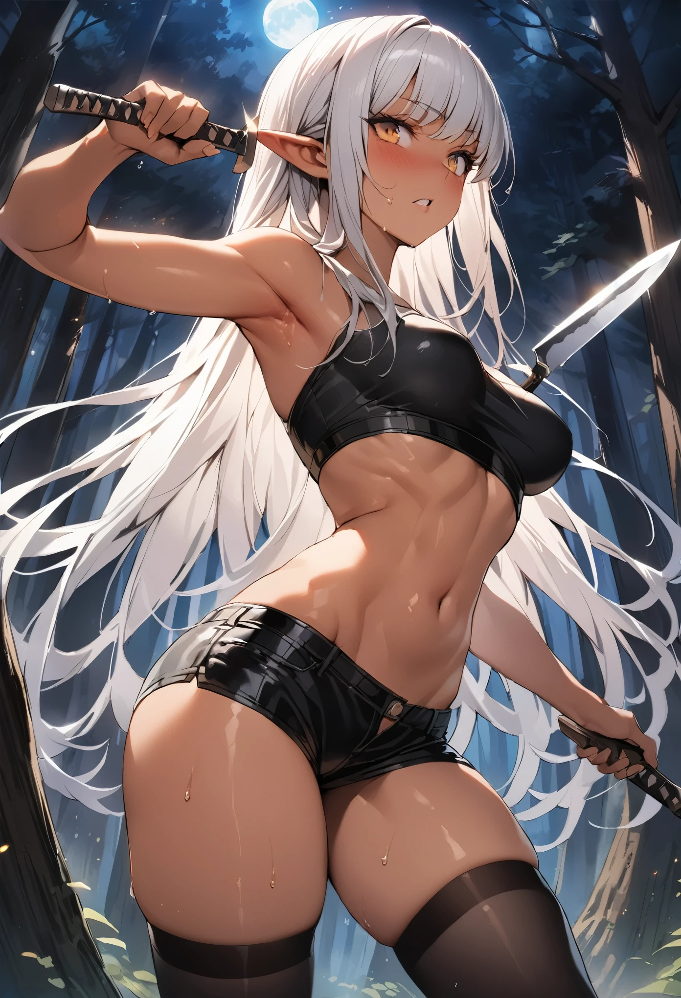 Action Scenes、((masterpiece,best quality anime,Highest quality:1.3)),realistic,cowboy shot,(Mature Beauty),1 Dark Elf woman、独奏,((very small head:1.4)),ideal ratio body proportions,((tan skin)),elf ear,Silver Hair,bangs,straight long hair,gorgeous big eyes,brown eyes,Sharp Eyes,(Assassin Outfit、Black tube top shirt,Black micro shorts、black_thighhighs、Holding a big knife),((slender body,skinny,toned body)),medium breasts,?????,gleaming skin,shiny skin,sweat,(Fighting stance with a knife)、forest、Many trees、at night、moonlight、Fantasy World、