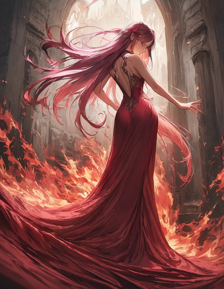 Arafed, Dark fantasy art, fantasy art, goth art, a picture of a tattoo of a tulip on the back of a female elf, a glowing tattoo of a ((tulip: 1.3)) on the elf's back, the ((tulip tattoo: 1.3)) is vivid, intricate detailed,  GlowingRunesAI_purple, ((fire surrounds the tulip: 1.5)), shot taken from the back, ((the back is visible: 1.3), she wears a transparent red dress, the dress is elegant, flowing, elven style, that the tattoos glow, dynamic hair color, dynamic hair style,  vibrant, Ultra-high resolution, High Contrast, (masterpiece:1.5),  highest quality, Best aesthetics, best details, best quality, highres, 16k, (ultra detailed: 1.5), masterpiece, best quality, (extremely detailed) RAW, (ultra details, Masterpiece, best quality) faize, Digital Painting, *channel_42*