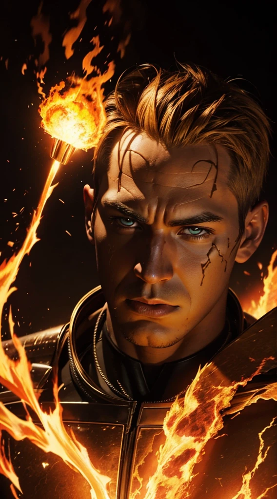 Human torch in desert. Fantastic four Costume. Portrait. in flames