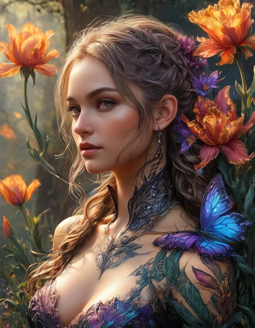 Arafed, Dark fantasy art, fantasy art, goth art, a picture of a tattoo of a tulip on the back of a female elf, a glowing tattoo of a ((tulip: 1.3)) on the elf's back, the ((tulip tattoo: 1.3)) is vivid, intricate detailed,  GlowingRunesAI_purple, ((fire surrounds the tulip: 1.5)), shot taken from the back, ((the back is visible: 1.3), she wears a transparent red dress, the dress is elegant, flowing, elven style, that the tattoos glow, dynamic hair color, dynamic hair style,  vibrant, Ultra-high resolution, High Contrast, (masterpiece:1.5),  highest quality, Best aesthetics, best details, best quality, highres, 16k, (ultra detailed: 1.5), masterpiece, best quality, (extremely detailed) RAW, (ultra details, Masterpiece, best quality) faize, Digital Painting, *channel_42*