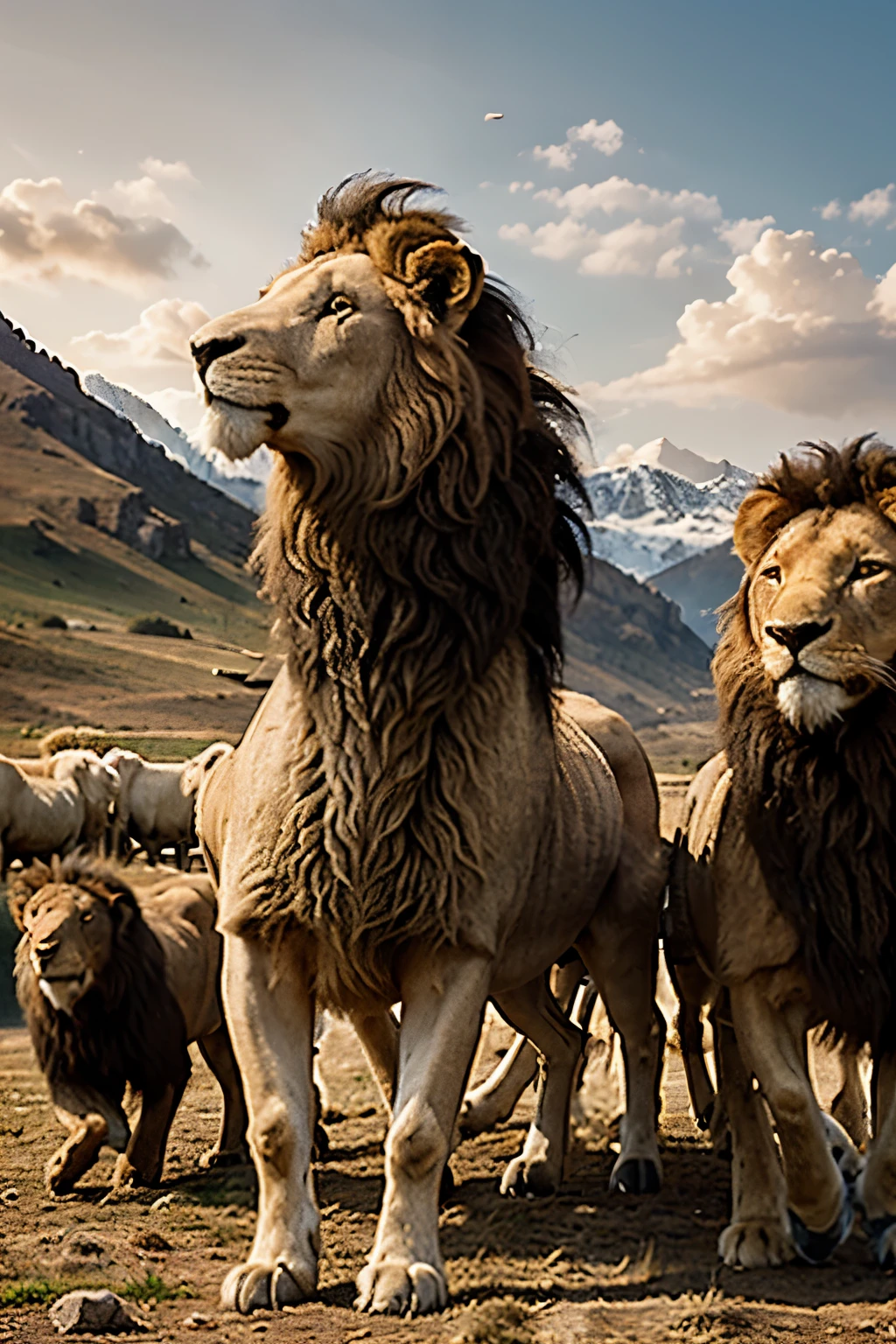 Create an image of a flock of sheep led by a lion fighting against a pride of lions led by a sheep.