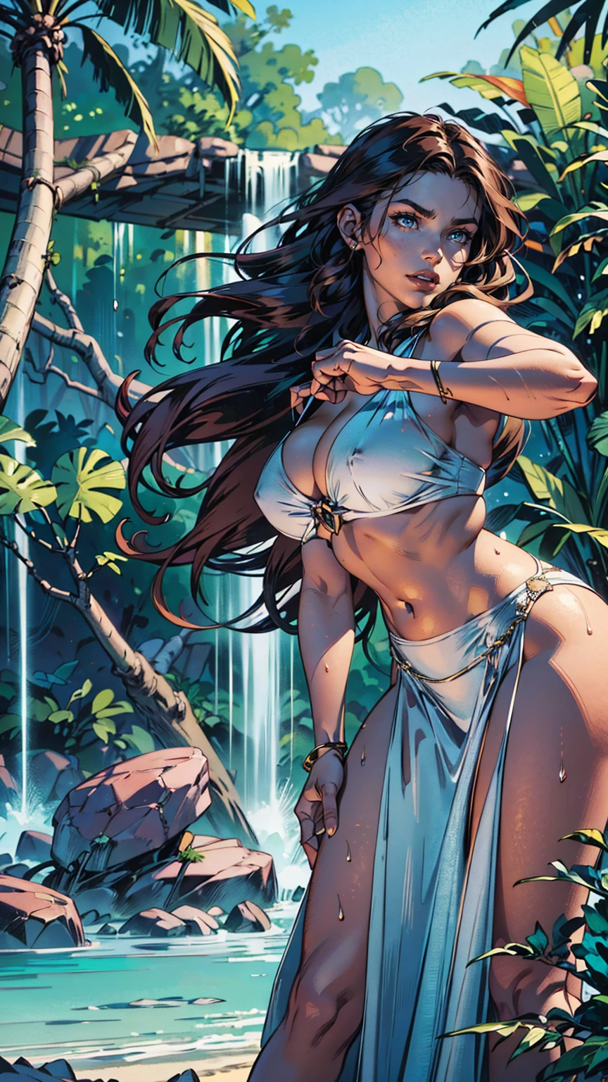 1 beautiful woman with long dark brown hair,perfect body,huge breasts,extremely sexy and attractive poses,in huge tropical jungle with waterfalls,wearing a white wet dress,(best quality,4k,8k,highres,masterpiece:1.2),ultra-detailed,(realistic,photorealistic,photo-realistic:1.37),photorealistic,highly detailed,cinematic lighting,dramatic lighting,warm color palette,volumetric lighting,lush tropical foliage,fantasy landscape