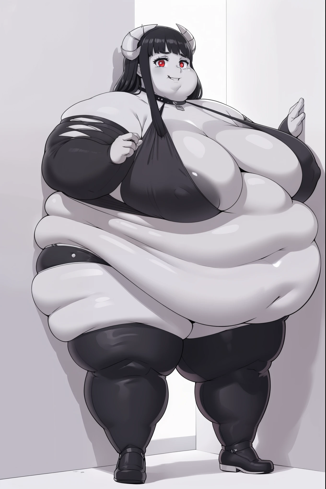 (Red eyes)(Morbidly obese:1.0), (zoomed out) smile, teeth, evil smile, (full body:1.0), tall, evil eyes, Black hair, dark skin, 1girl, solo, horns, monochrome, greyscale, giant breasts, abnormally huge breasts, humongous breasts,phalia,underwear, elbow gloves, thighhighs, huge breasts, Round face, double chin, fat chin, fat cheeks, fat neck, round face, SSBBW, flabby arms, round face, double chin, fat double chin, big double chin, fat neck, chubby cheeks, fat thighs, fat calves, morbidly obese, flabby boobs, giant boobs, large belly, obese, fat face, belly, double chin, obesity, flabby breasts, fat arms and legs, fat everything,