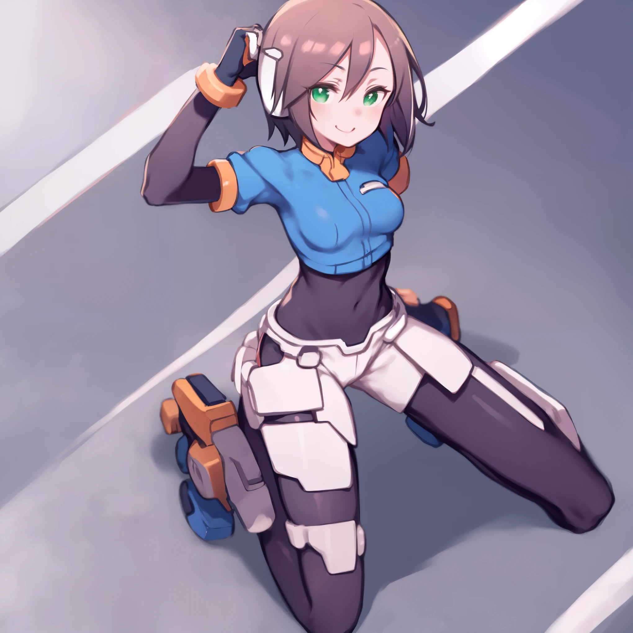 aile_megamanzx, kneeling with one hand on the ground and the other arm raised, 1girl, solo, short hair, brown hair, short sleeves, (bodysuit), robot ears, green eyes, very_short_shorts, short sleeves, short over long sleeves, smile, in futuristic city, , high quality, medium_breasts,crotch, slouch,groin,solo