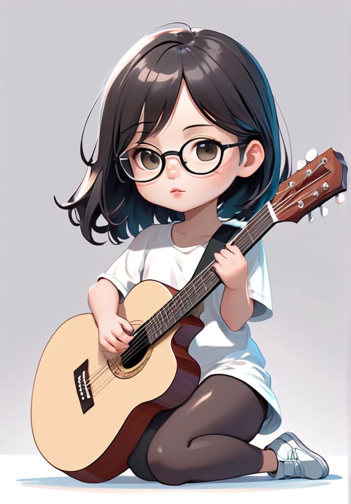 high resolution,best qualityer,naturals,
Illustrator without black lines, black contour lines, or black line drawings, flat illustration e monocromática, coloring similar to foreign animation, Chibi character, アニメ, fluffly, full body illustration, Deformed illustration, daughter, wear glasses, sitting holding a guitar with white and black as precious colors, flat illustration, Simpler, minimalism, white background,, darkskin,, without bangs, skin black.