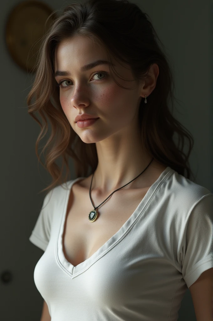 (head of&#39;artwork, Photorealistic:1.4, extremely complex:1.3, radiosity, photon maping, dtx, 8k), ((((necklace close up, t-shirt blanc, wetty, [mediuml breasts:tetas grandes:0.8])), wetty, [skin detail:freckled:0.7], naturel, 19 year old age model), Dark room, ((douche en pierre, douche en verre, to do the housework)))
