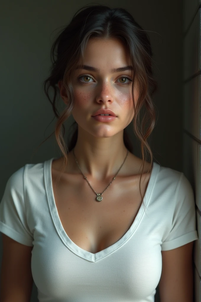 (head of&#39;artwork, Photorealistic:1.4, extremely complex:1.3, radiosity, photon maping, dtx, 8k), ((((necklace close up, t-shirt blanc, wetty, [mediuml breasts:tetas grandes:0.8])), wetty, [skin detail:freckled:0.7], naturel, 19 year old age model), Dark room, ((douche en pierre, douche en verre, to do the housework)))
